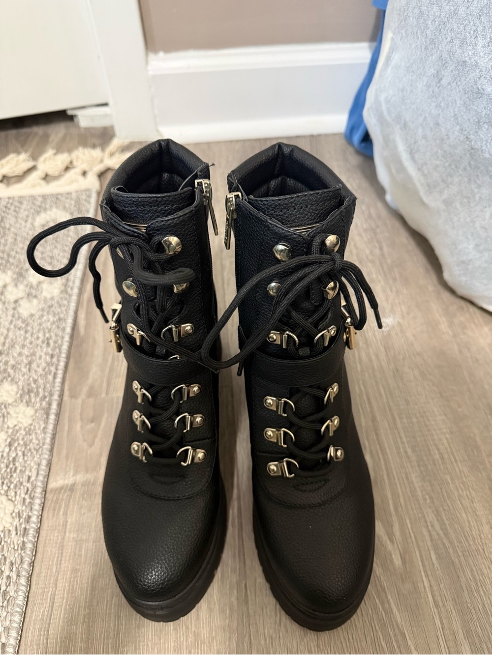 G by Guess Black Combat Boots with Gold Hardware